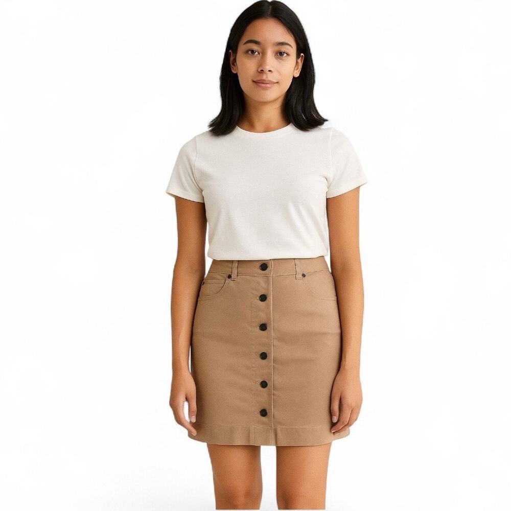 J Jill Stretch Button Front Minimalist Skirt Tan Brown 4P 4 Petite Preppy NWT